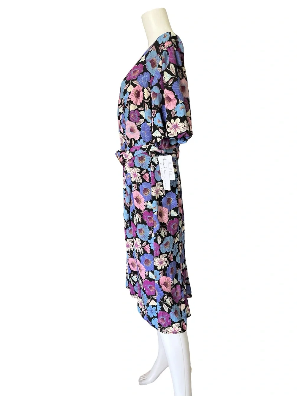 NEW Nicole Miller Dress Blue Purple Floral Belted Cottagecore Womens Size Large